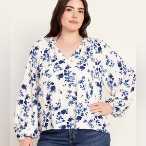 Ruffled Split-Neck Blue Floral Top